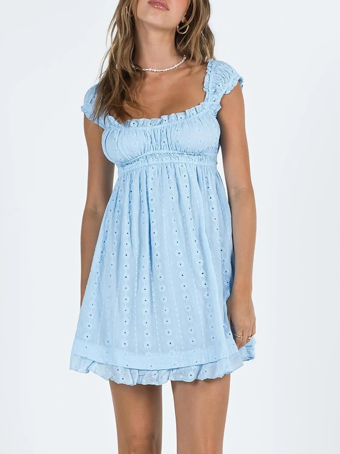 Women Eyelet Dress Ruffle Lace Strap Square Neck Sleeveless A Line Mini Dress Backless Y2k Floral Dress Party Beach Dresses