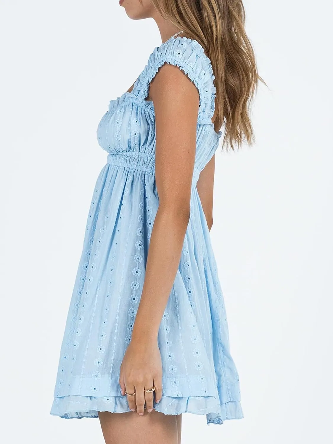 Women Eyelet Dress Ruffle Lace Strap Square Neck Sleeveless A Line Mini Dress Backless Y2k Floral Dress Party Beach Dresses