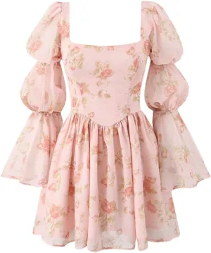 Women Floral Print Mini Square Collar Sexy Backless Long Sleeve French Elegant Party Dress