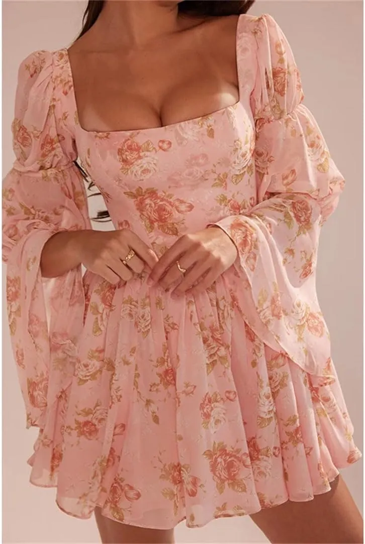 Women Floral Print Mini Square Collar Sexy Backless Long Sleeve French Elegant Party Dress