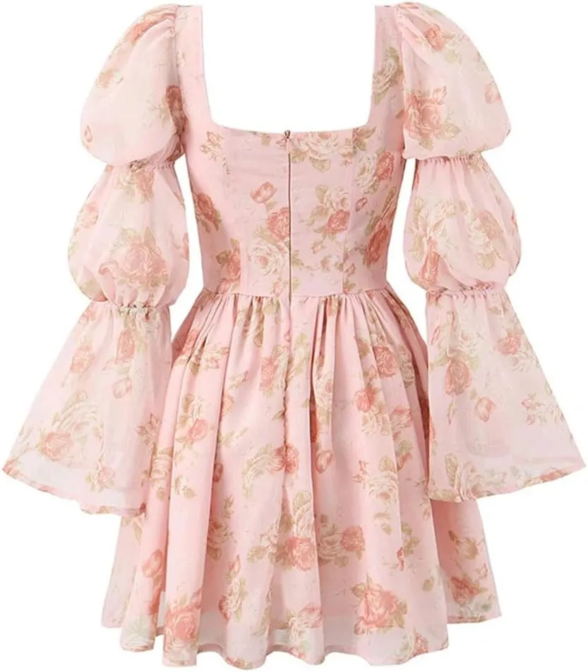 Women Floral Print Mini Square Collar Sexy Backless Long Sleeve French Elegant Party Dress