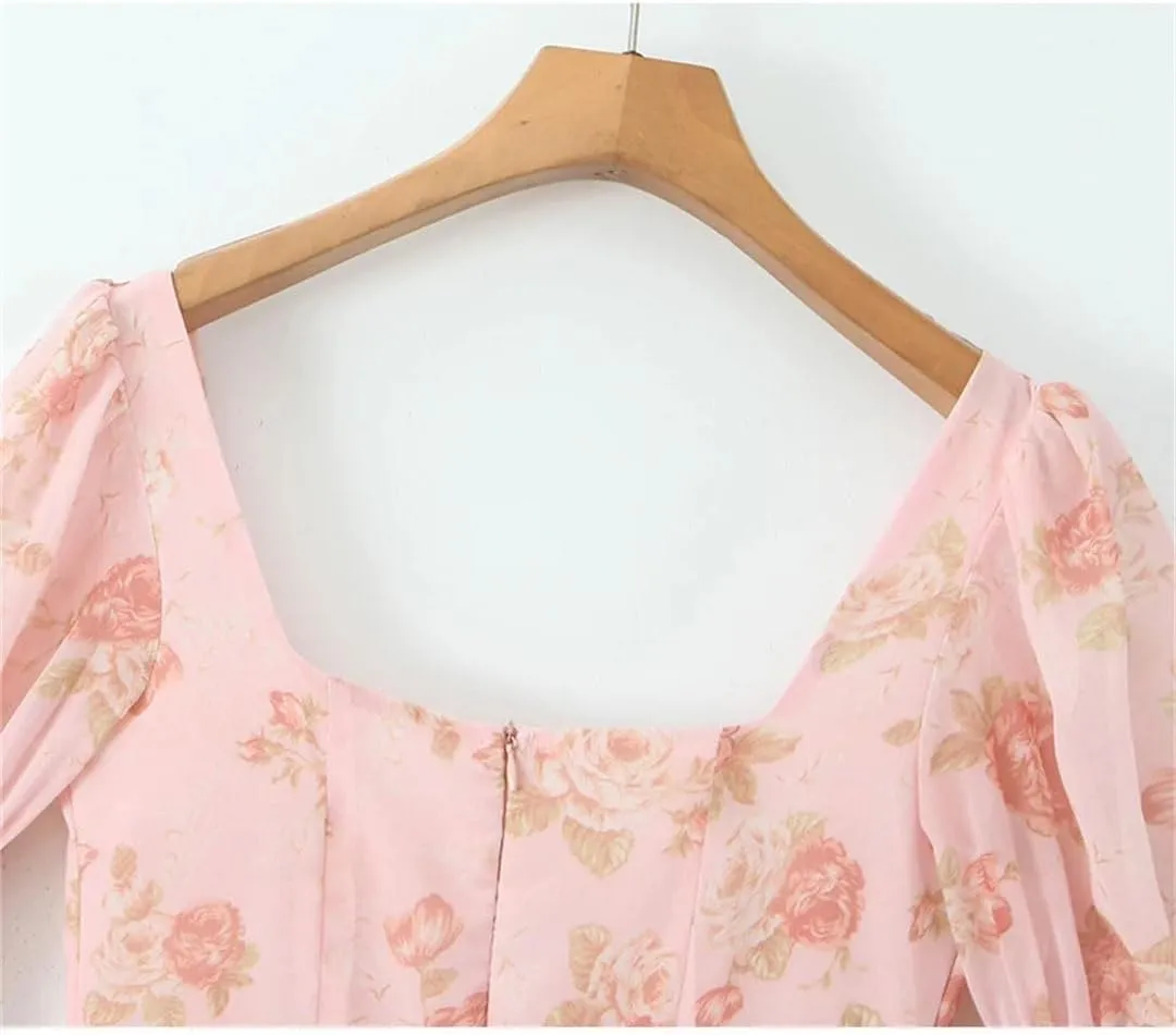 Women Floral Print Mini Square Collar Sexy Backless Long Sleeve French Elegant Party Dress