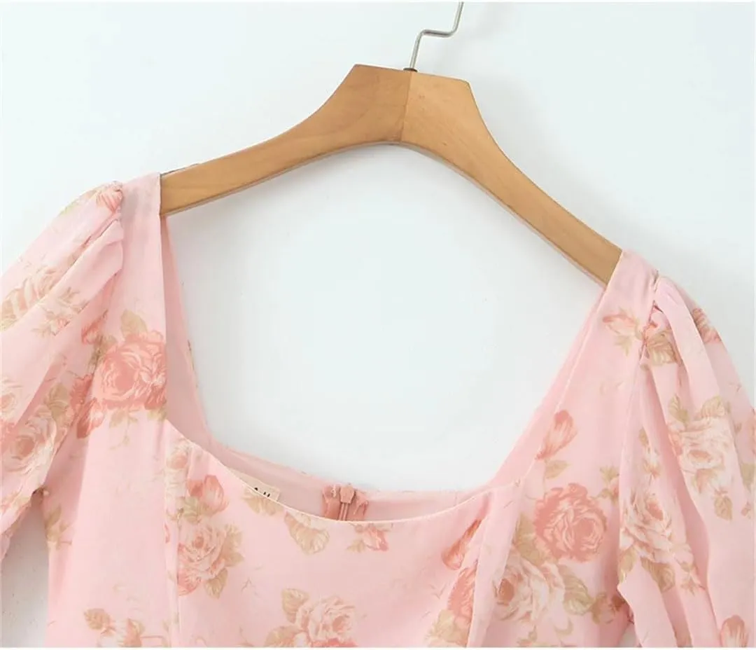 Women Floral Print Mini Square Collar Sexy Backless Long Sleeve French Elegant Party Dress