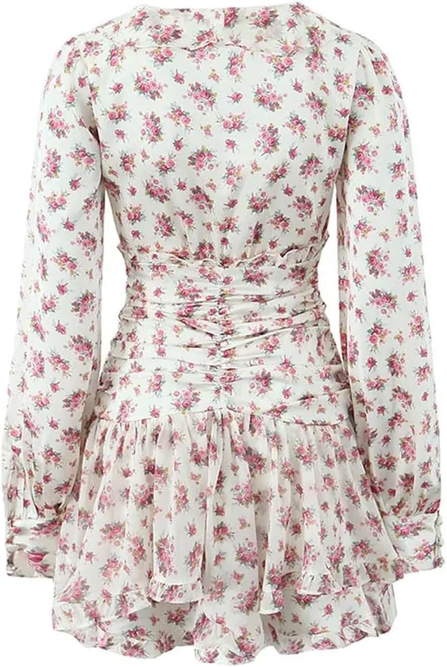 Women Floral Print Ruffle Mini Front Button Long Sleeve V Neck A-Line Holiday Dresses