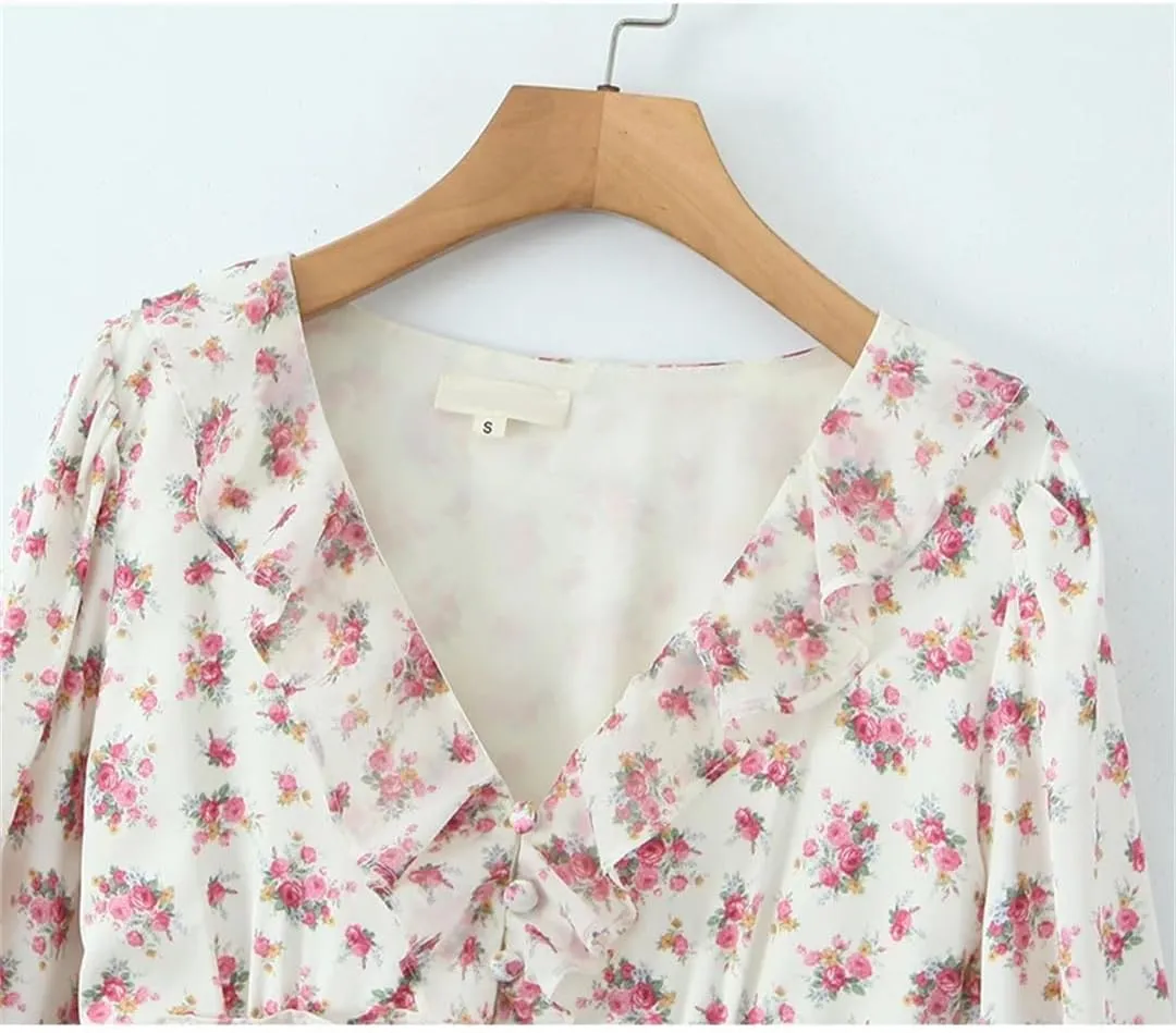 Women Floral Print Ruffle Mini Front Button Long Sleeve V Neck A-Line Holiday Dresses