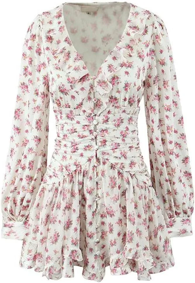 Women Floral Print Ruffle Mini Front Button Long Sleeve V Neck A-Line Holiday Dresses