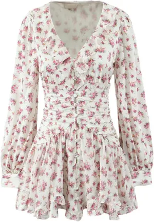Women Floral Print Ruffle Mini Front Button Long Sleeve V Neck A-Line Holiday Dresses