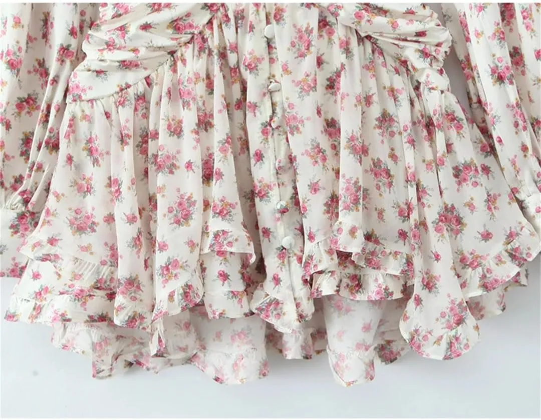 Women Floral Print Ruffle Mini Front Button Long Sleeve V Neck A-Line Holiday Dresses