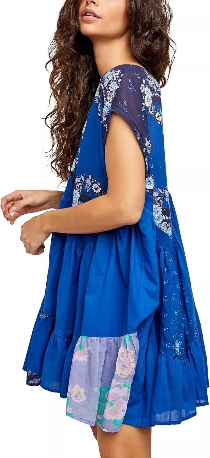 Women Floral Short Sleeve Mini Dress Bohemian Babydoll Dress V Neck Sundress Flowy Ruffle Dress