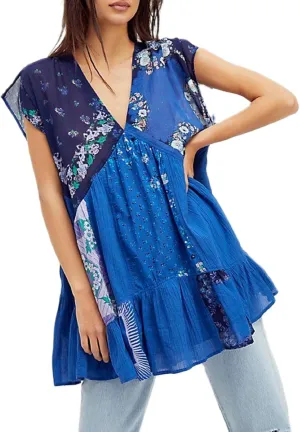 Women Floral Short Sleeve Mini Dress Bohemian Babydoll Dress V Neck Sundress Flowy Ruffle Dress