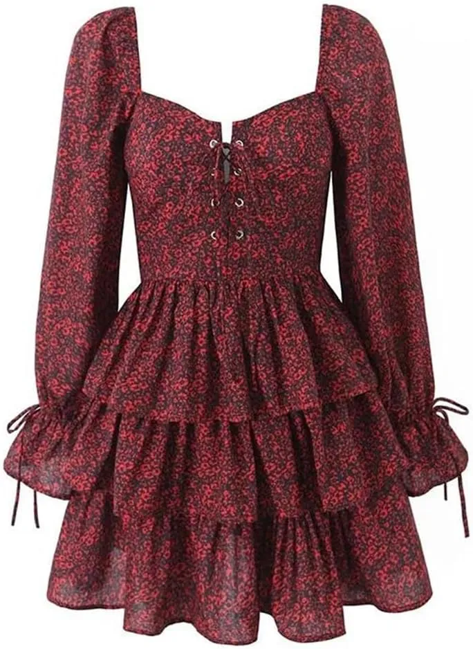Women Front Lacing Floral Print Vintage Puff Sleeve Layered Ruffle Hem Cake Mini Dress