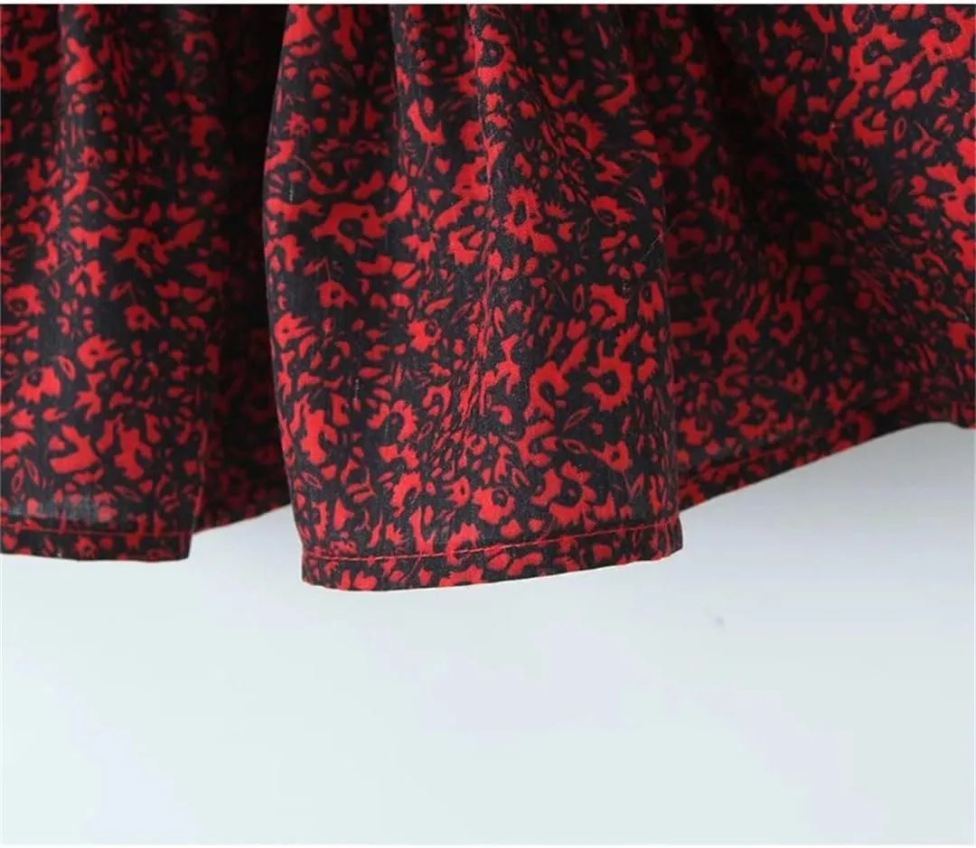 Women Front Lacing Floral Print Vintage Puff Sleeve Layered Ruffle Hem Cake Mini Dress