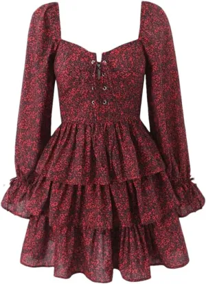 Women Front Lacing Floral Print Vintage Puff Sleeve Layered Ruffle Hem Cake Mini Dress