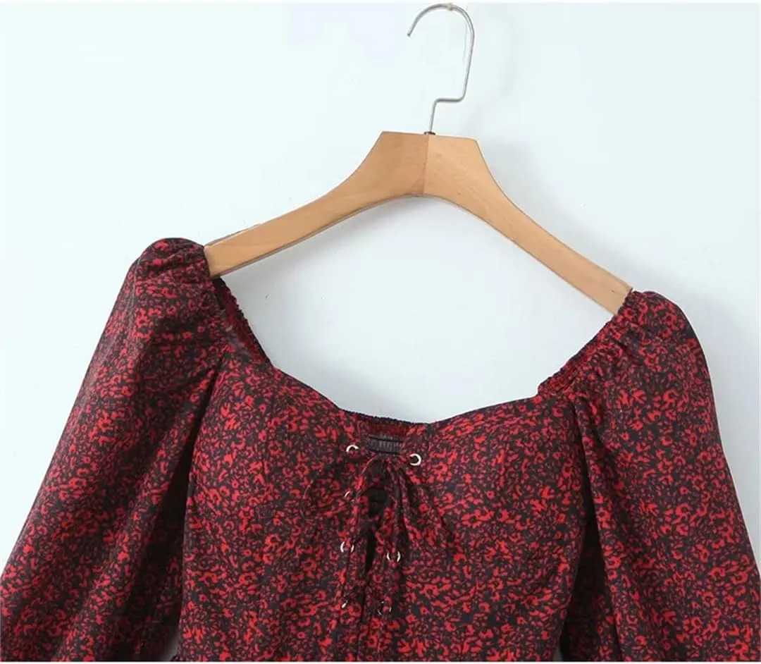 Women Front Lacing Floral Print Vintage Puff Sleeve Layered Ruffle Hem Cake Mini Dress