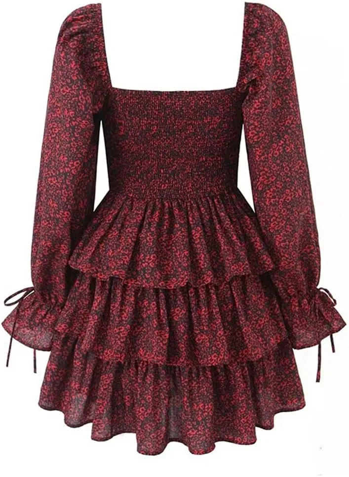 Women Front Lacing Floral Print Vintage Puff Sleeve Layered Ruffle Hem Cake Mini Dress