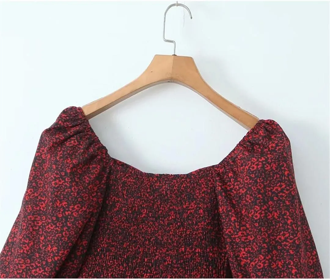 Women Front Lacing Floral Print Vintage Puff Sleeve Layered Ruffle Hem Cake Mini Dress