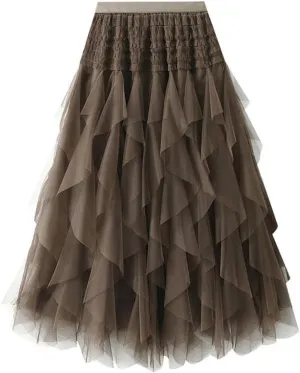 Women High ElasticFairy Tulle Skirt Irregular Hem Pleated Tutu A-Line Midi Skirts