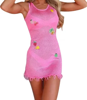 Women Knitted Mini Dress Sleeveless Crochet Sheer Bodycon Short Dresses Y2k Sexy Beach Vacation Coverup Sundress