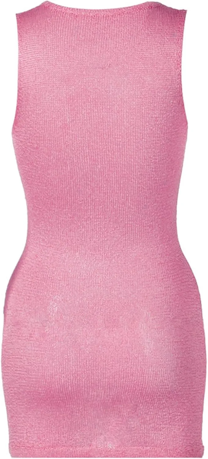 Women Knitted Mini Dress Sleeveless Crochet Sheer Bodycon Short Dresses Y2k Sexy Beach Vacation Coverup Sundress
