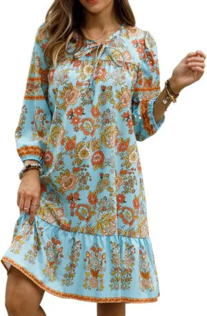 Women Long Sleeves Ruffle Floral Flowy Boho Dress Mini Short Beach Sundress