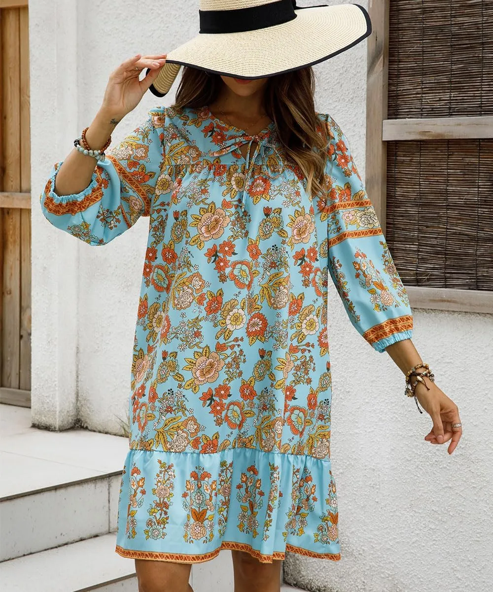 Women Long Sleeves Ruffle Floral Flowy Boho Dress Mini Short Beach Sundress