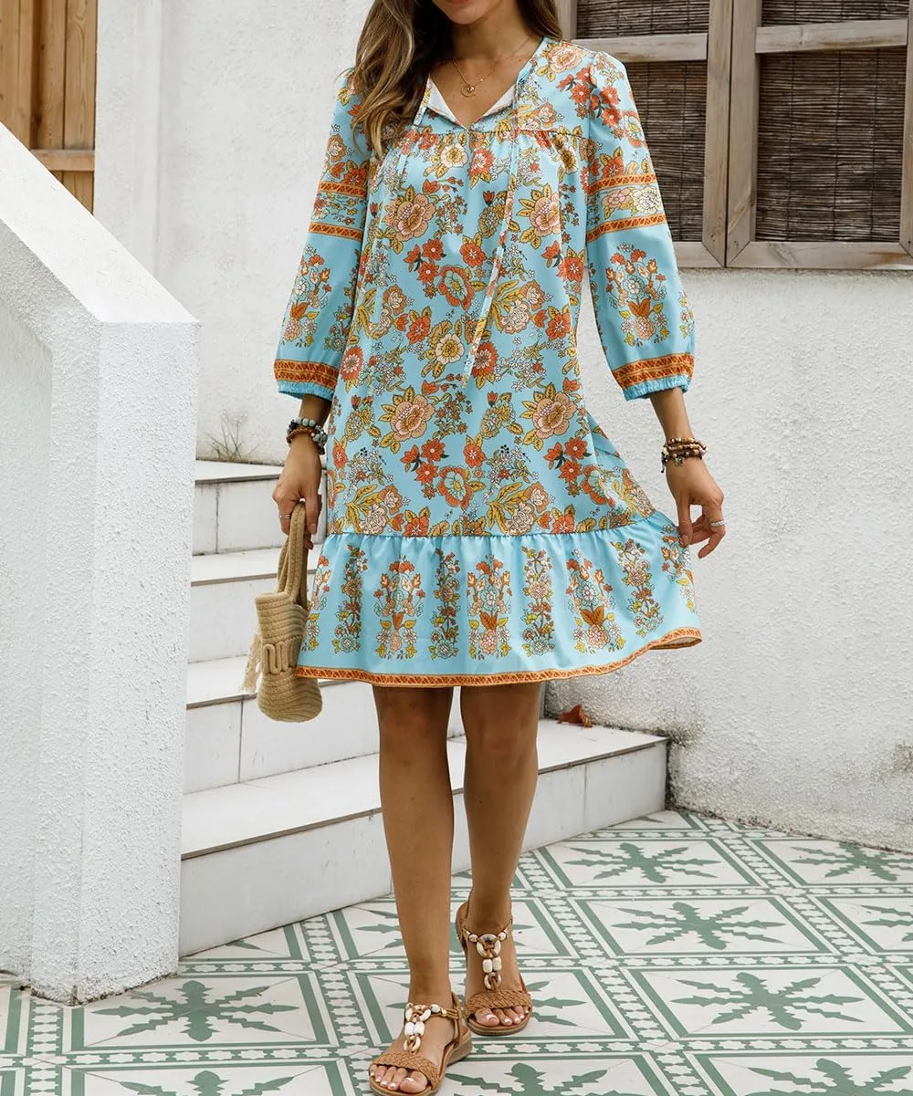 Women Long Sleeves Ruffle Floral Flowy Boho Dress Mini Short Beach Sundress