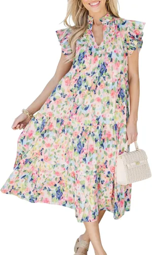 Women Patchwork Dress Y2k Floral Puff Short Sleeve Maxi Dress Summer Boho Smocked Tiered Ruffle Beach Sundress