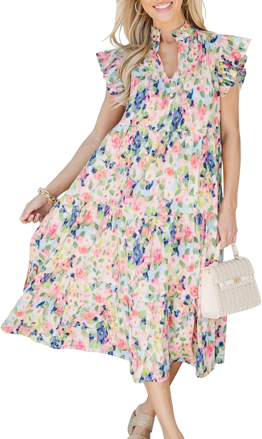Women Patchwork Dress Y2k Floral Puff Short Sleeve Maxi Dress Summer Boho Smocked Tiered Ruffle Beach Sundress
