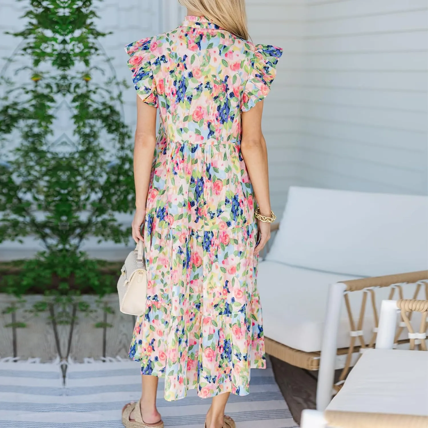 Women Patchwork Dress Y2k Floral Puff Short Sleeve Maxi Dress Summer Boho Smocked Tiered Ruffle Beach Sundress
