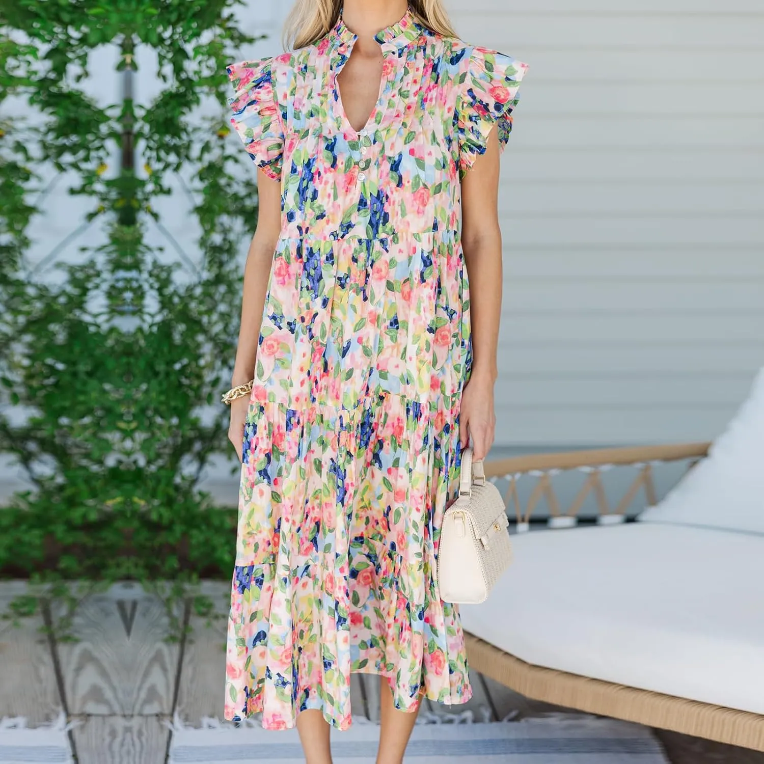 Women Patchwork Dress Y2k Floral Puff Short Sleeve Maxi Dress Summer Boho Smocked Tiered Ruffle Beach Sundress