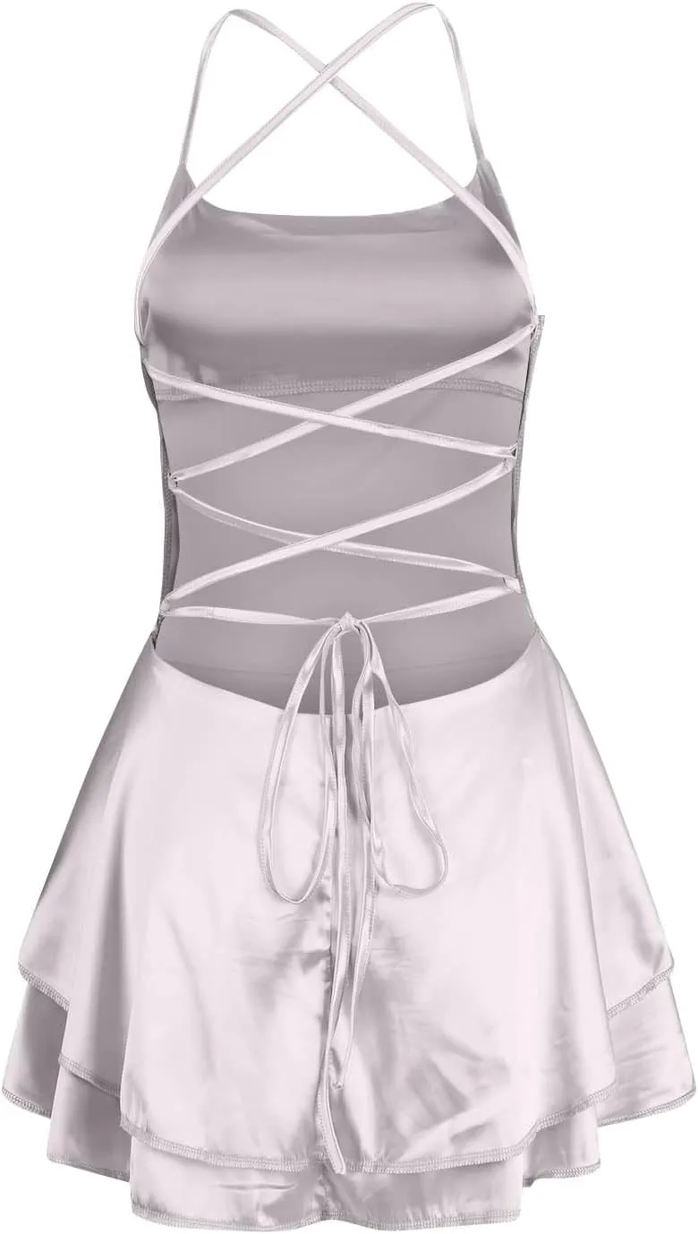 Women Sexy Short Romper Satin Dress Backless Tie-Up Spaghetti Strap Ruffle Layer Jumpsuit Summer Mini Dress
