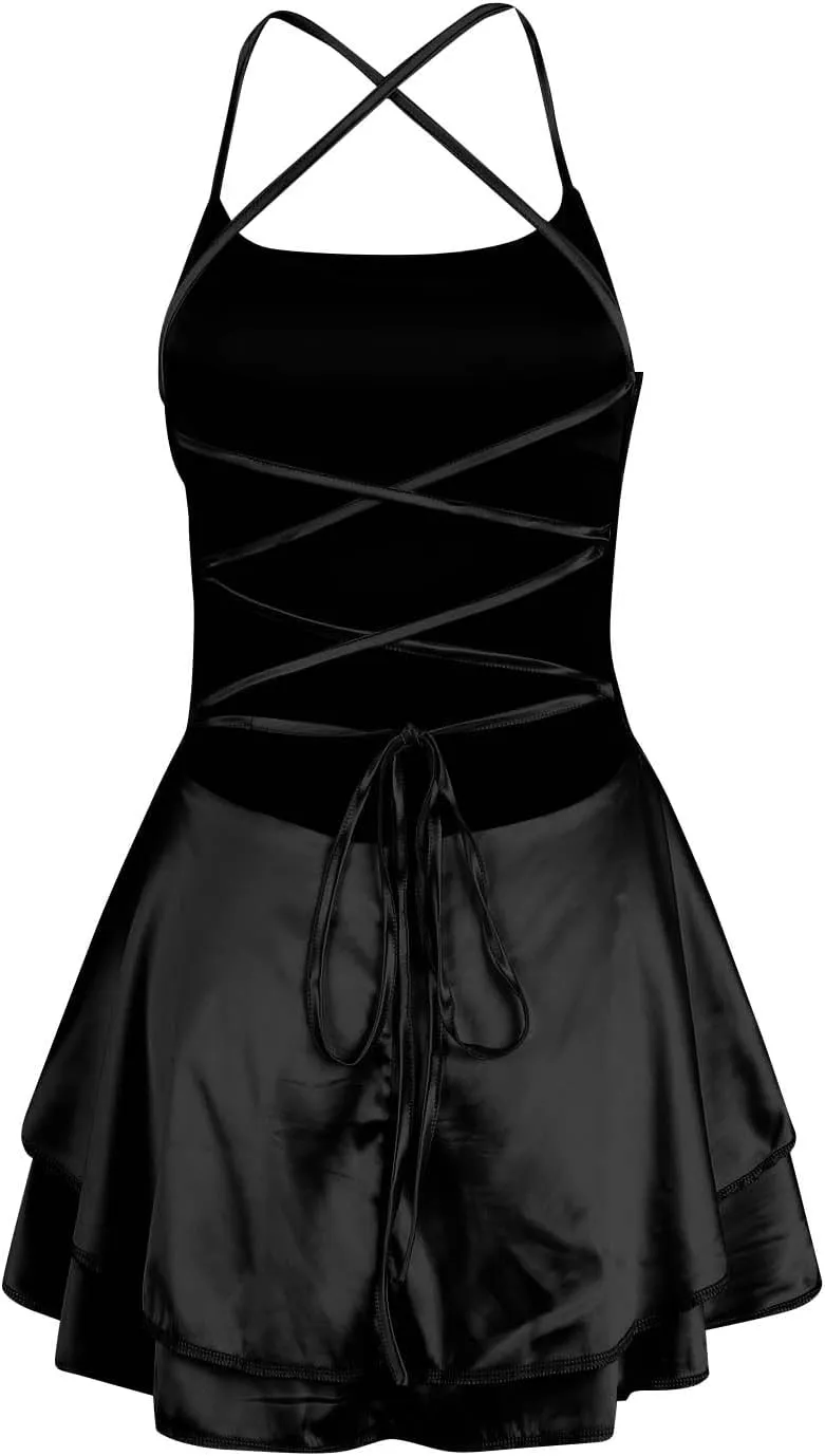 Women Sexy Short Romper Satin Dress Backless Tie-Up Spaghetti Strap Ruffle Layer Jumpsuit Summer Mini Dress