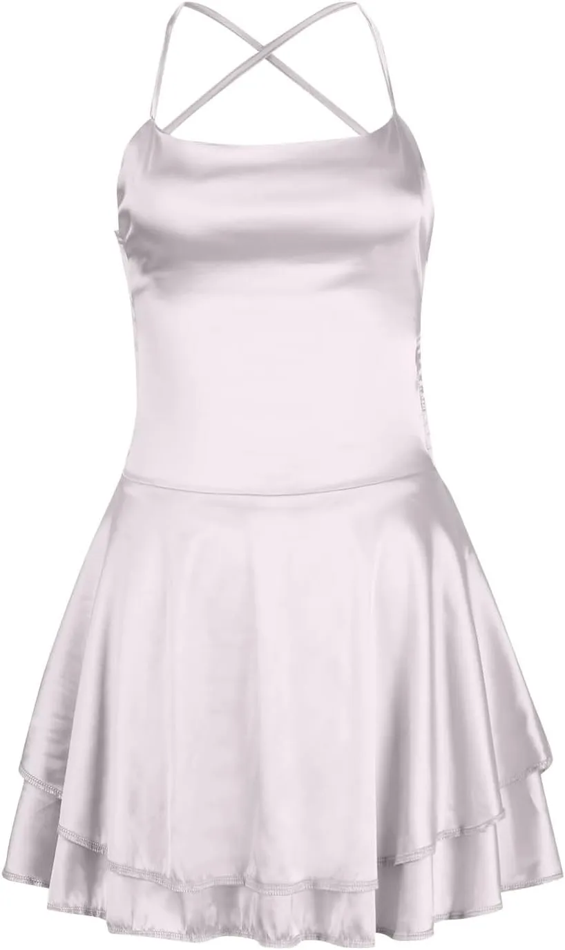 Women Sexy Short Romper Satin Dress Backless Tie-Up Spaghetti Strap Ruffle Layer Jumpsuit Summer Mini Dress