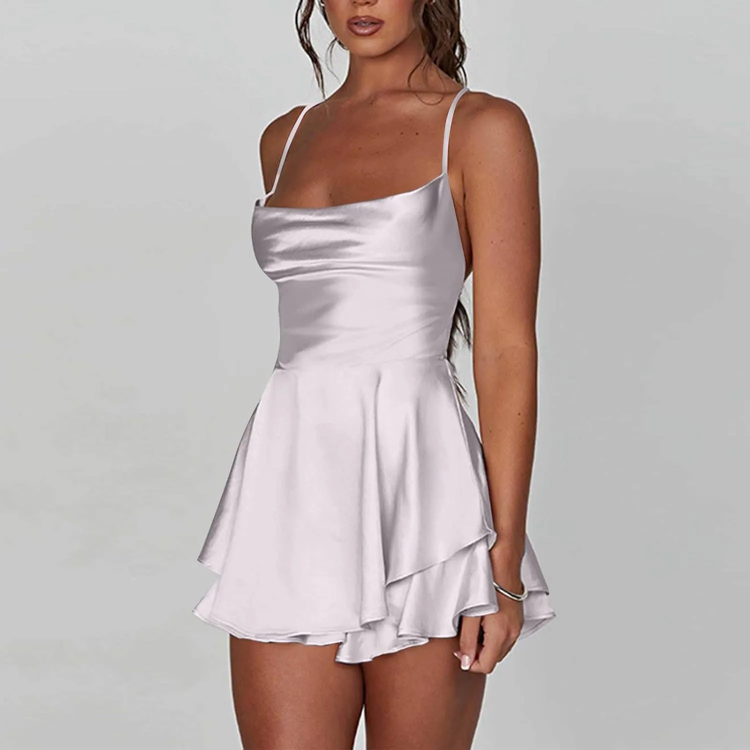 Women Sexy Short Romper Satin Dress Backless Tie-Up Spaghetti Strap Ruffle Layer Jumpsuit Summer Mini Dress