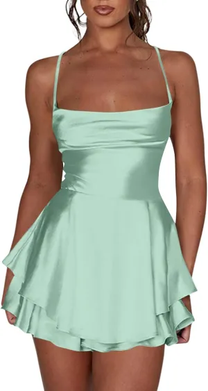 Women Sexy Short Romper Satin Dress Backless Tie-Up Spaghetti Strap Ruffle Layer Jumpsuit Summer Mini Dress