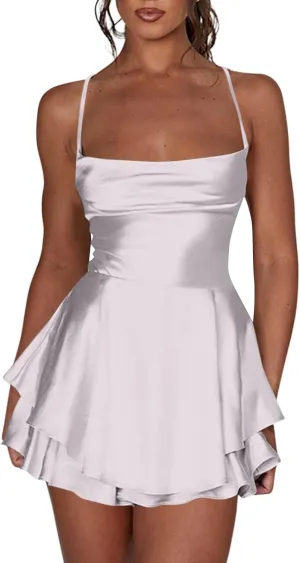 Women Sexy Short Romper Satin Dress Backless Tie-Up Spaghetti Strap Ruffle Layer Jumpsuit Summer Mini Dress