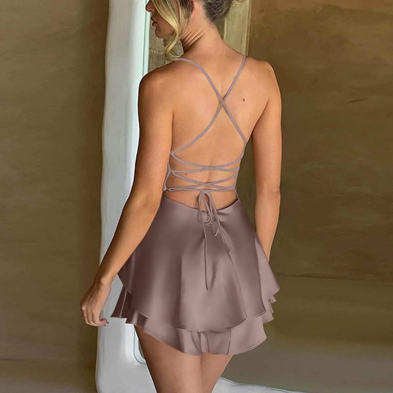 Women Sexy Short Romper Satin Dress Backless Tie-Up Spaghetti Strap Ruffle Layer Jumpsuit Summer Mini Dress