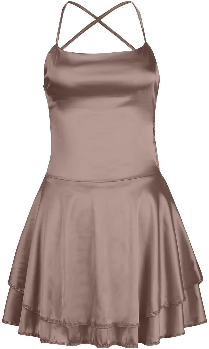 Women Sexy Short Romper Satin Dress Backless Tie-Up Spaghetti Strap Ruffle Layer Jumpsuit Summer Mini Dress