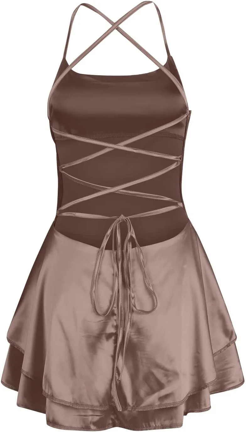 Women Sexy Short Romper Satin Dress Backless Tie-Up Spaghetti Strap Ruffle Layer Jumpsuit Summer Mini Dress