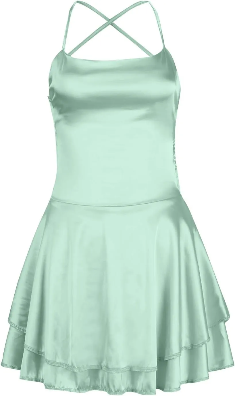 Women Sexy Short Romper Satin Dress Backless Tie-Up Spaghetti Strap Ruffle Layer Jumpsuit Summer Mini Dress