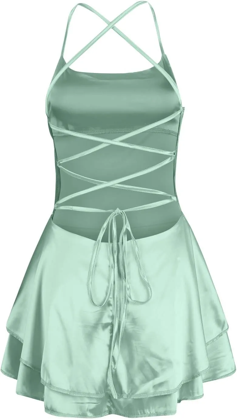 Women Sexy Short Romper Satin Dress Backless Tie-Up Spaghetti Strap Ruffle Layer Jumpsuit Summer Mini Dress