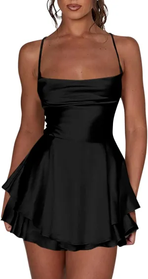 Women Sexy Short Romper Satin Dress Backless Tie-Up Spaghetti Strap Ruffle Layer Jumpsuit Summer Mini Dress