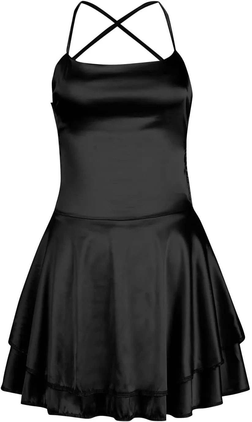 Women Sexy Short Romper Satin Dress Backless Tie-Up Spaghetti Strap Ruffle Layer Jumpsuit Summer Mini Dress