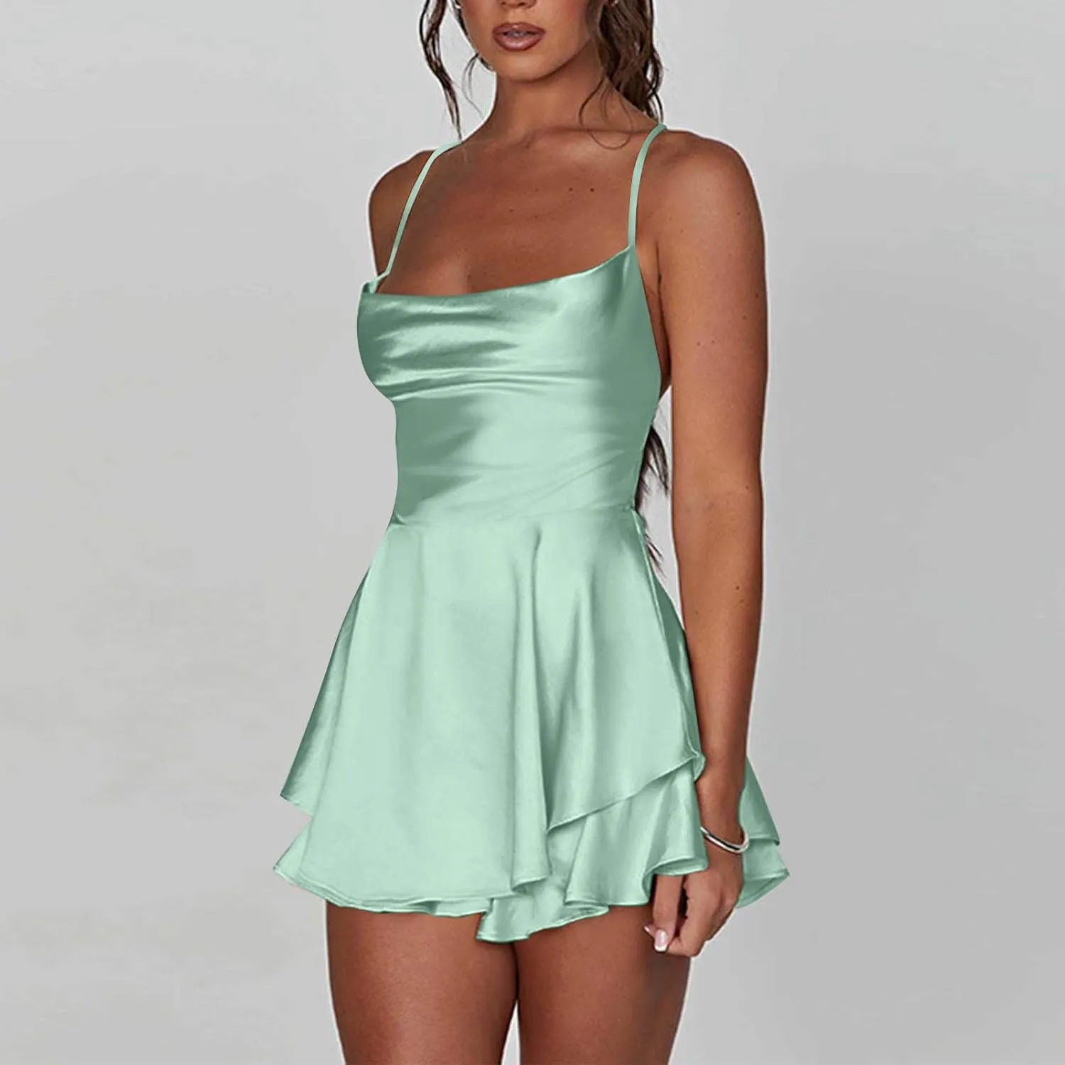 Women Sexy Short Romper Satin Dress Backless Tie-Up Spaghetti Strap Ruffle Layer Jumpsuit Summer Mini Dress