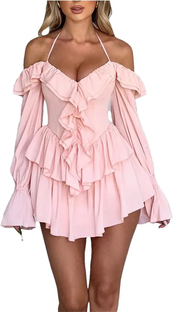 Women Solid Solid Color Halter Ruffle Flare Sleeves Mini Sexy Elegant Dress