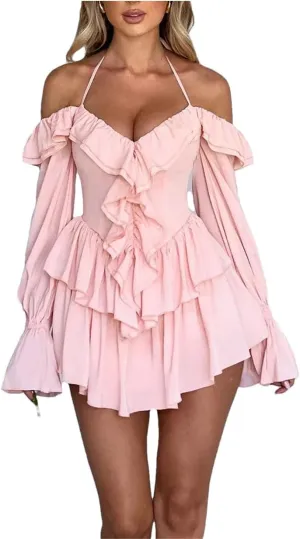 Women Solid Solid Color Halter Ruffle Flare Sleeves Mini Sexy Elegant Dress