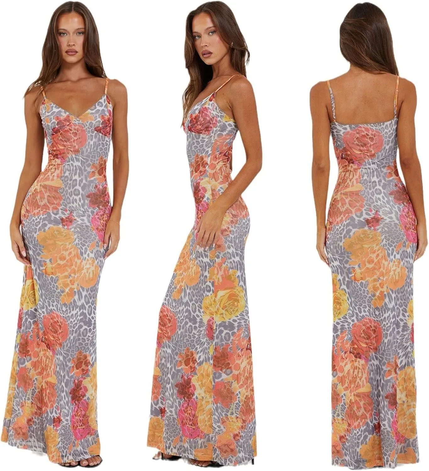 Women Spaghetti Strap Satin Dresses Backless Hollow Casual Boho V Neck Dress Flowy Dress