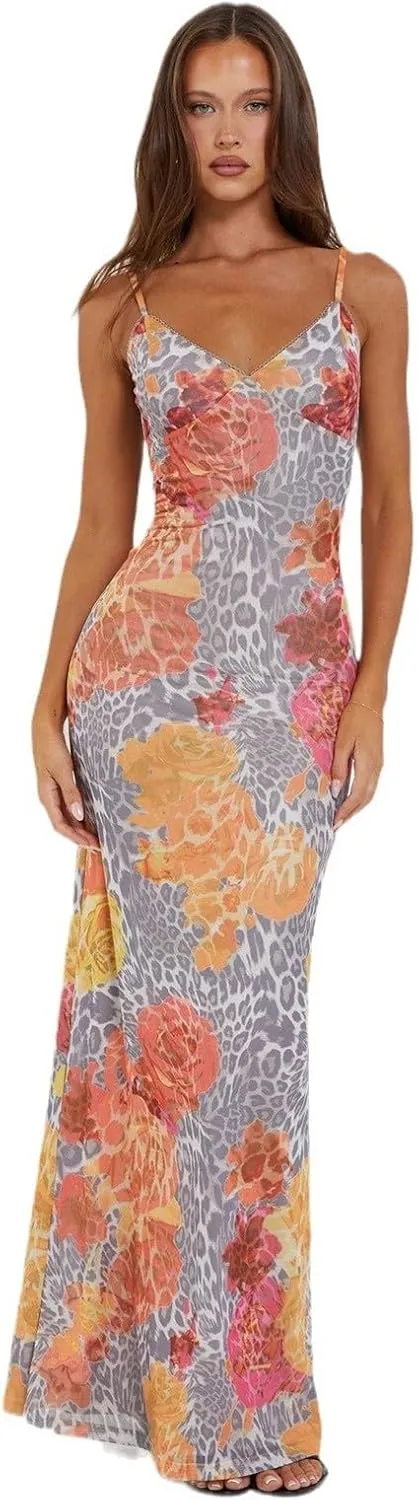Women Spaghetti Strap Satin Dresses Backless Hollow Casual Boho V Neck Dress Flowy Dress