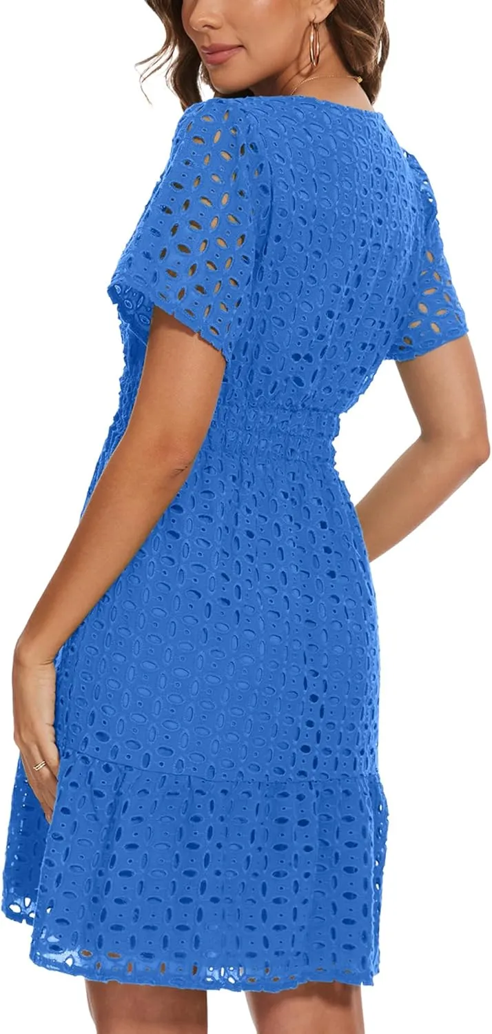 Women Summer Eyelet Lace Dress Casual V Neck Mini A Line Hollow Out Embroidered Formal Dress Sundresses