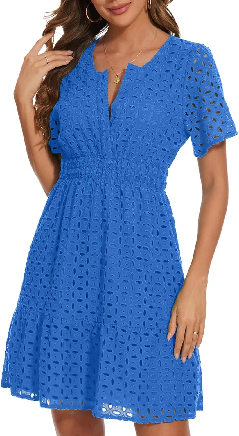 Women Summer Eyelet Lace Dress Casual V Neck Mini A Line Hollow Out Embroidered Formal Dress Sundresses